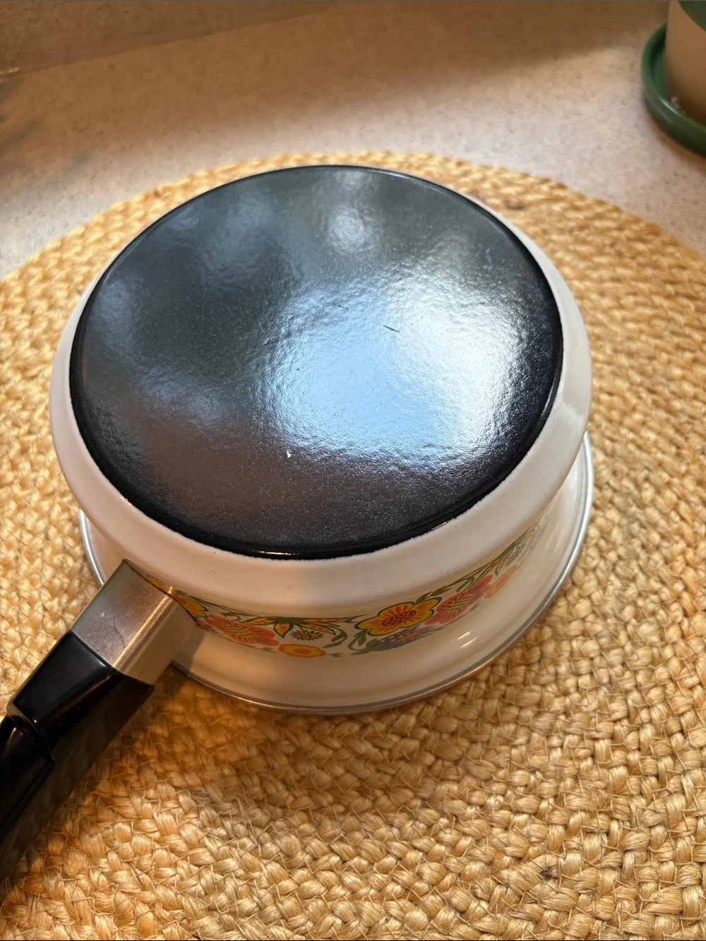 Vintage 1970s Enamelware Saucepan/Pot Flower Power
